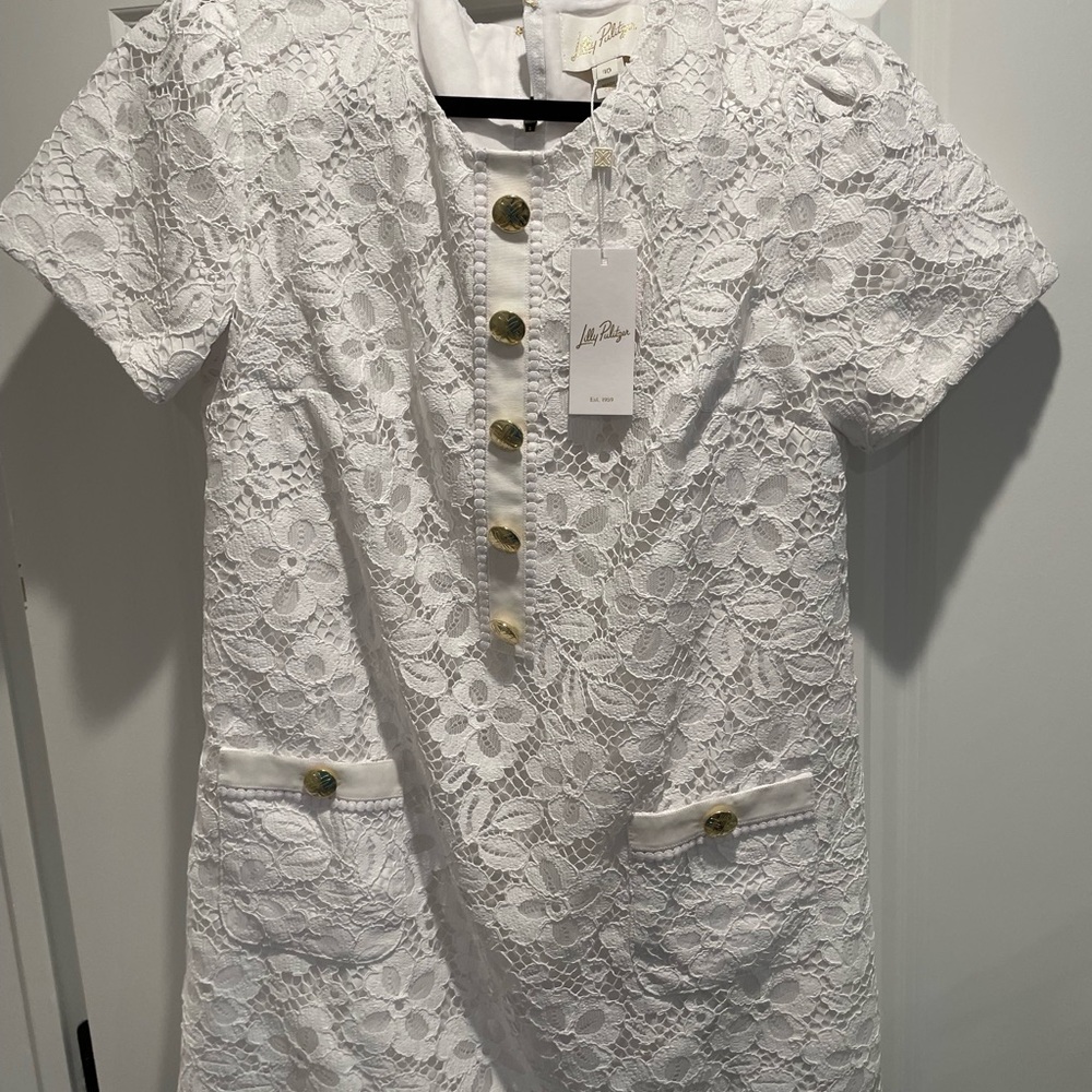 Lilly Pulitzer White Floral Lace Dress with Gold Buttons